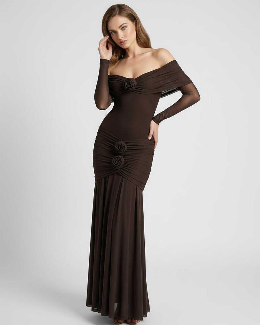 Verona Maxi Dress - Brown Off Shoulder Maxi Dress with Sheer Long Sleeves by Lauven, featuring elegant draping and modern appeal.
