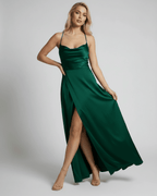 Verona Maxi Dress by Lauven – Emerald green satin dress with high slit and elegant evening silhouette.