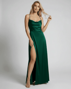 Verona Maxi Dress by Lauven - Emerald Green Satin Maxi Dress with High Slit and Elegant Evening Silhouette