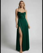 Verona Maxi Dress by Lauven - Elegant emerald green satin dress with high slit and adjustable straps.
