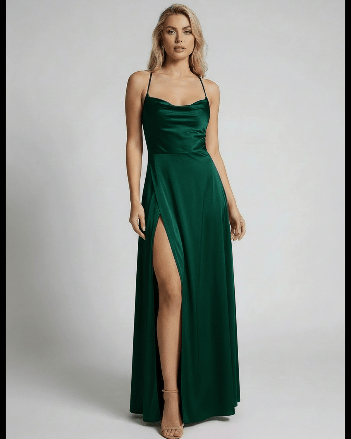Verona Maxi Dress by Lauven - Elegant emerald green satin dress with high slit and adjustable straps.