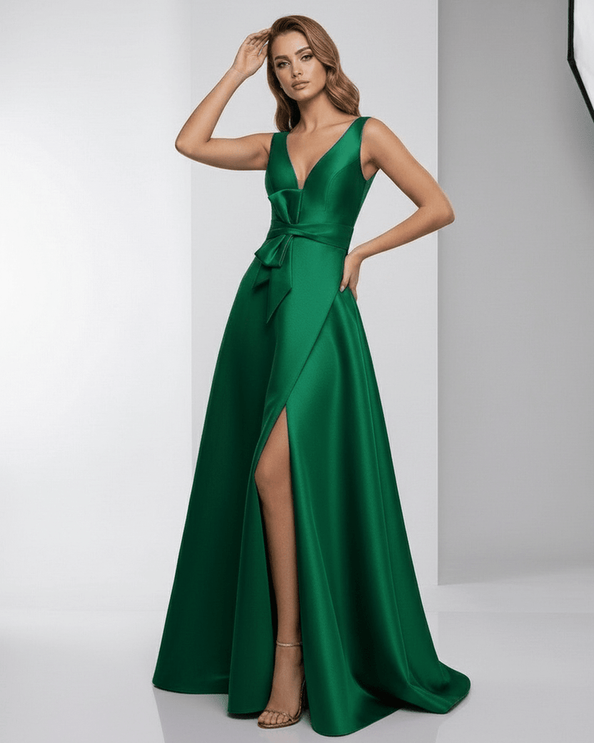 Verona Maxi Dress featuring green satin, A-line silhouette, deep V-neck, and elegant design by Lauven.