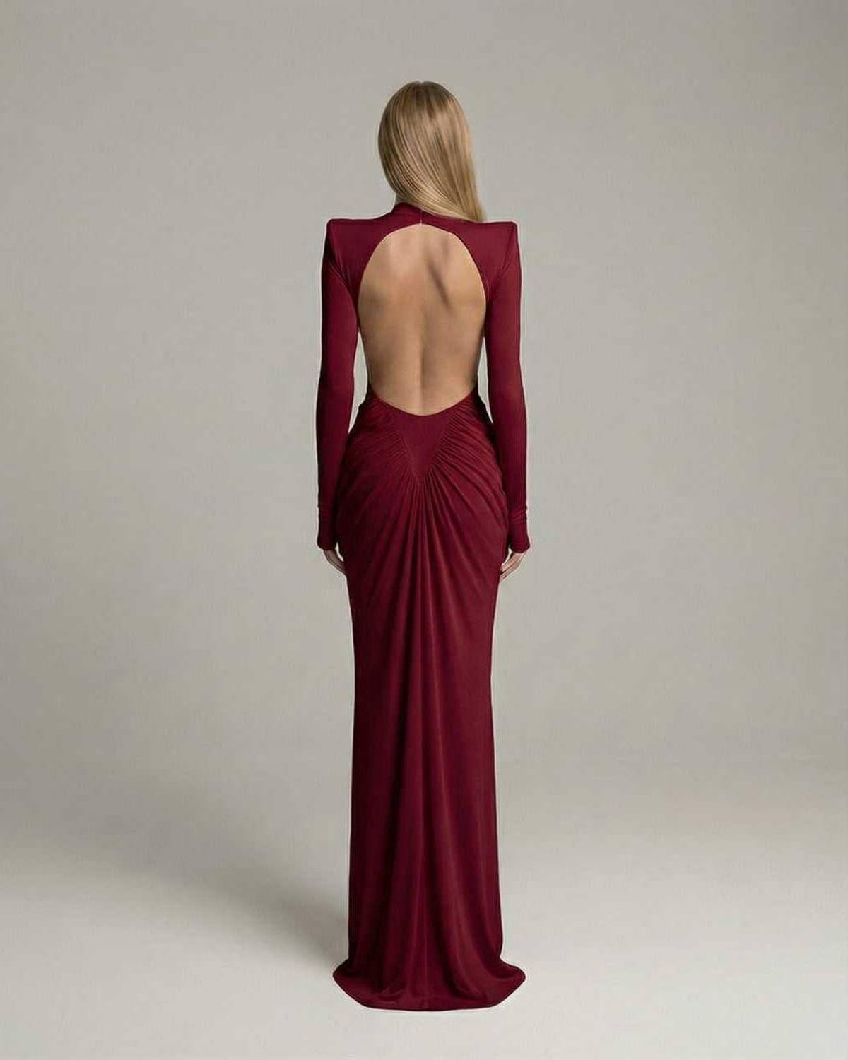Verona Maxi Dress showcasing a bold red color, high neck, long sleeves, and ruched open back design by Lauven.