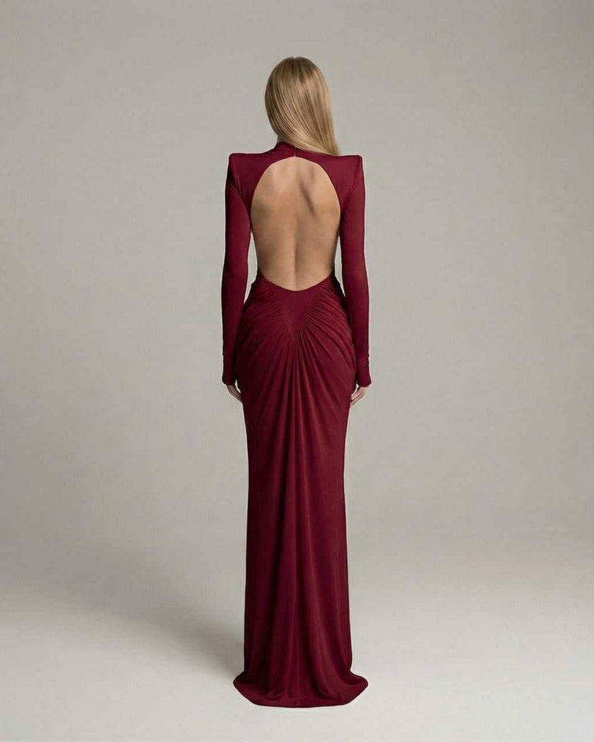 Verona Maxi Dress showcasing a bold red color, high neck, long sleeves, and ruched open back design by Lauven.