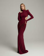 Verona Maxi Dress by Lauven, red long sleeve, high neck, ruched design, elegant evening wear.