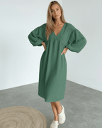 Verona Midi Dress - Green cotton midi dress with puff sleeves by Lauven, offering modern elegance and comfort.
