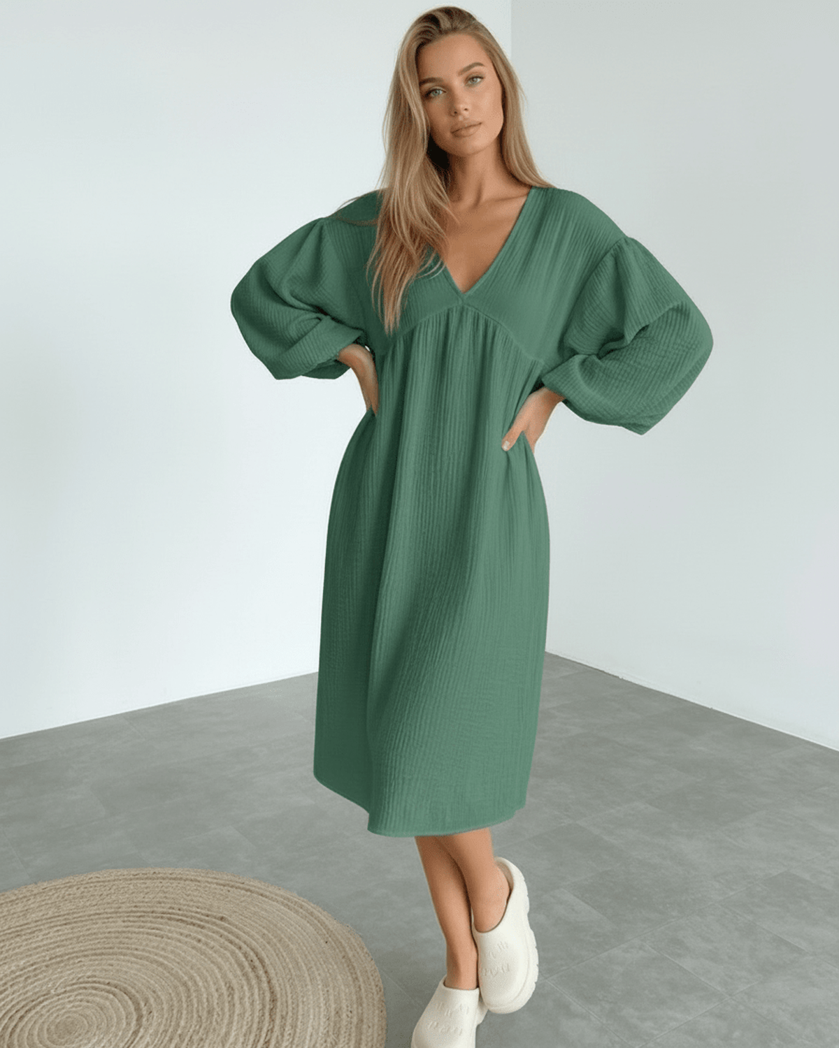 Verona Midi Dress - Green cotton midi dress with puff sleeves by Lauven, offering modern elegance and comfort.