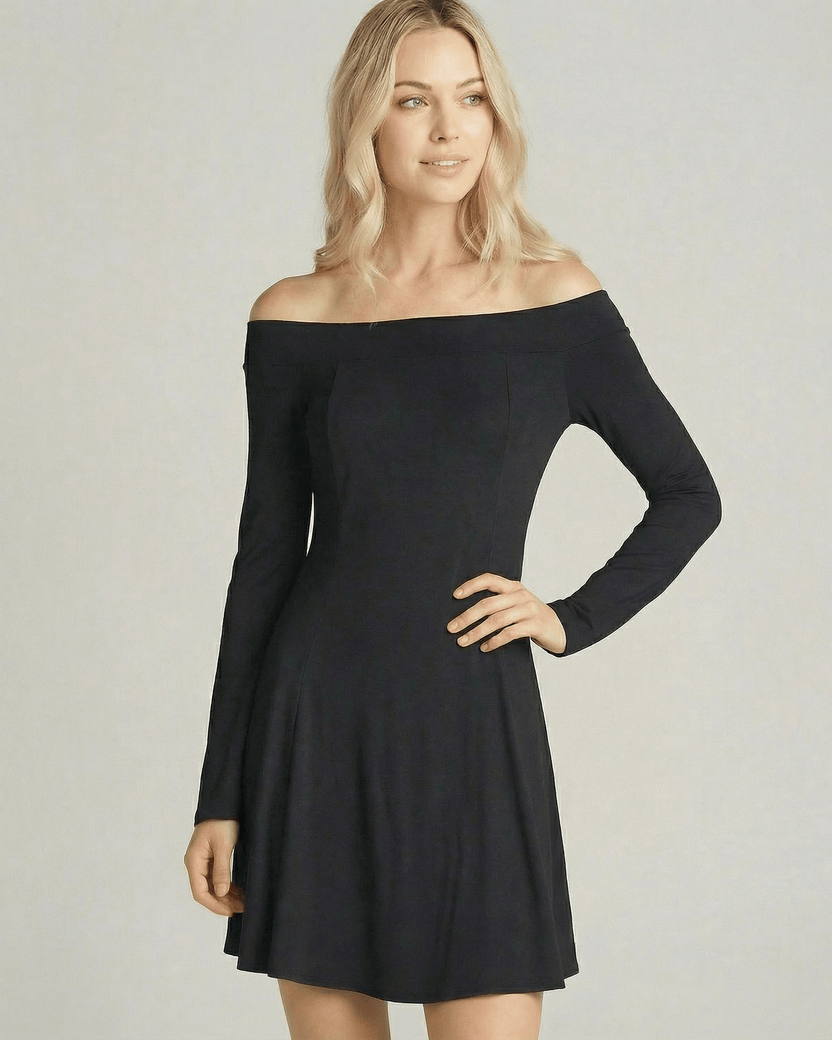 Verona Mini Dress by Lauven - Off-Shoulder Long Sleeve A-Line Silhouette in Black Elegance