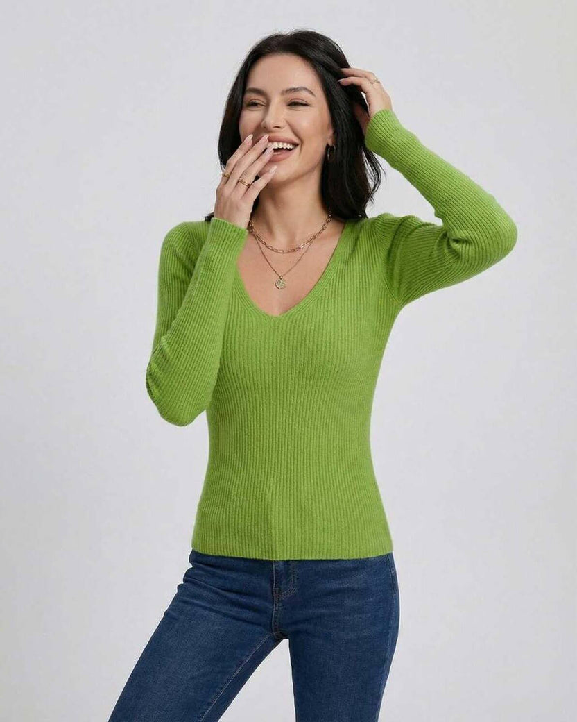 Verona Pullover by Lauven – Women's V-Neck Slim Fit Sweater in vibrant green, perfect for casual or workwear styling.