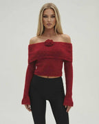 Lauven Verona Pullover - Women’s Off The Shoulder Sweater in Red with Long Sleeve Flare Detail.