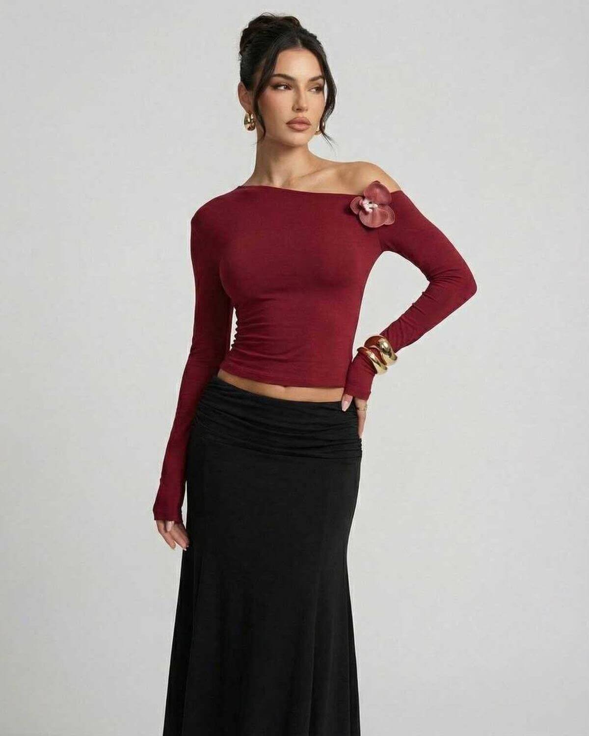 Verona Pullover by Lauven – Women’s red long sleeve slim fit pullover with asymmetric shoulder detail.