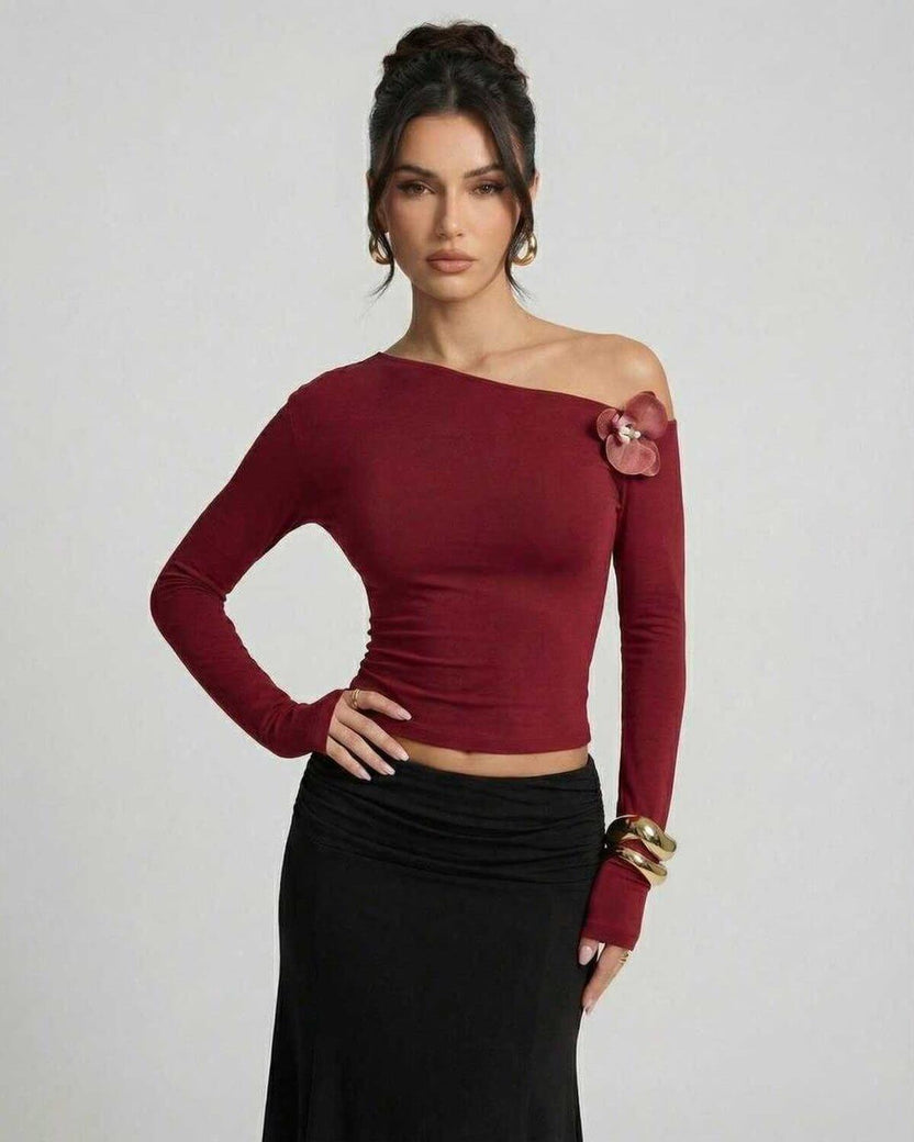 Verona Pullover by Lauven – Women's red long sleeve slim fit pullover with asymmetric shoulder detail.