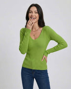 Verona Pullover by Lauven - Women's V-Neck Slim Fit Sweater in vibrant green, perfect for casual or workwear styling.