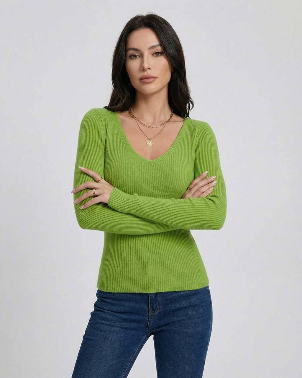 Verona Pullover by Lauven – Women’s V-neck slim fit sweater in vibrant green with long sleeves.