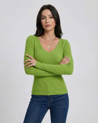 Verona Pullover by Lauven – Women’s V-neck slim fit sweater in vibrant green with long sleeves.