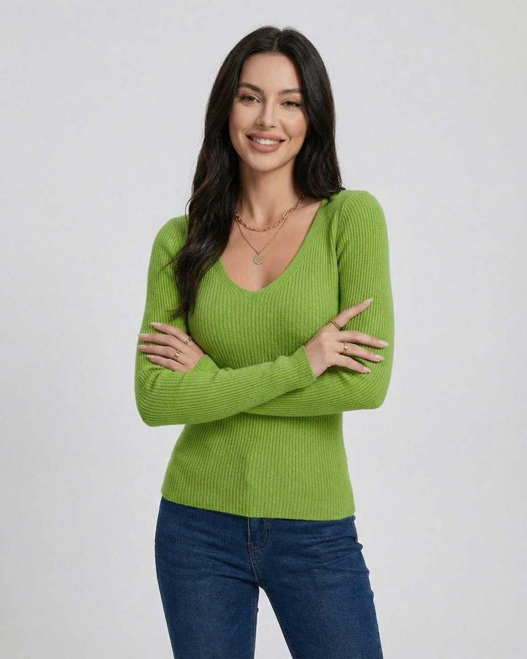 Verona Pullover by Lauven – Women’s V-Neck Long Sleeve Sweater in vibrant green with slim fit.
