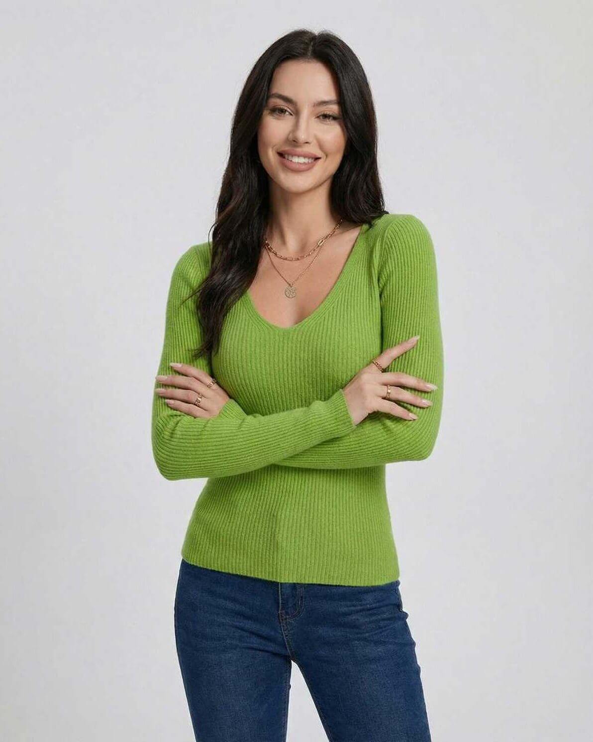 Verona Pullover by Lauven – Women’s V-Neck Long Sleeve Sweater in vibrant green with slim fit.