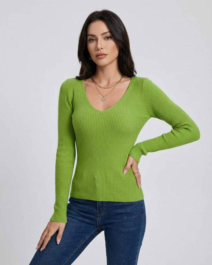 Verona Pullover by Lauven – Women’s V-Neck Slim Fit Sweater in Bright Green
