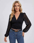 Verona Pullover by Lauven – Women's black V-neck pullover with lantern sleeves and slim fit.