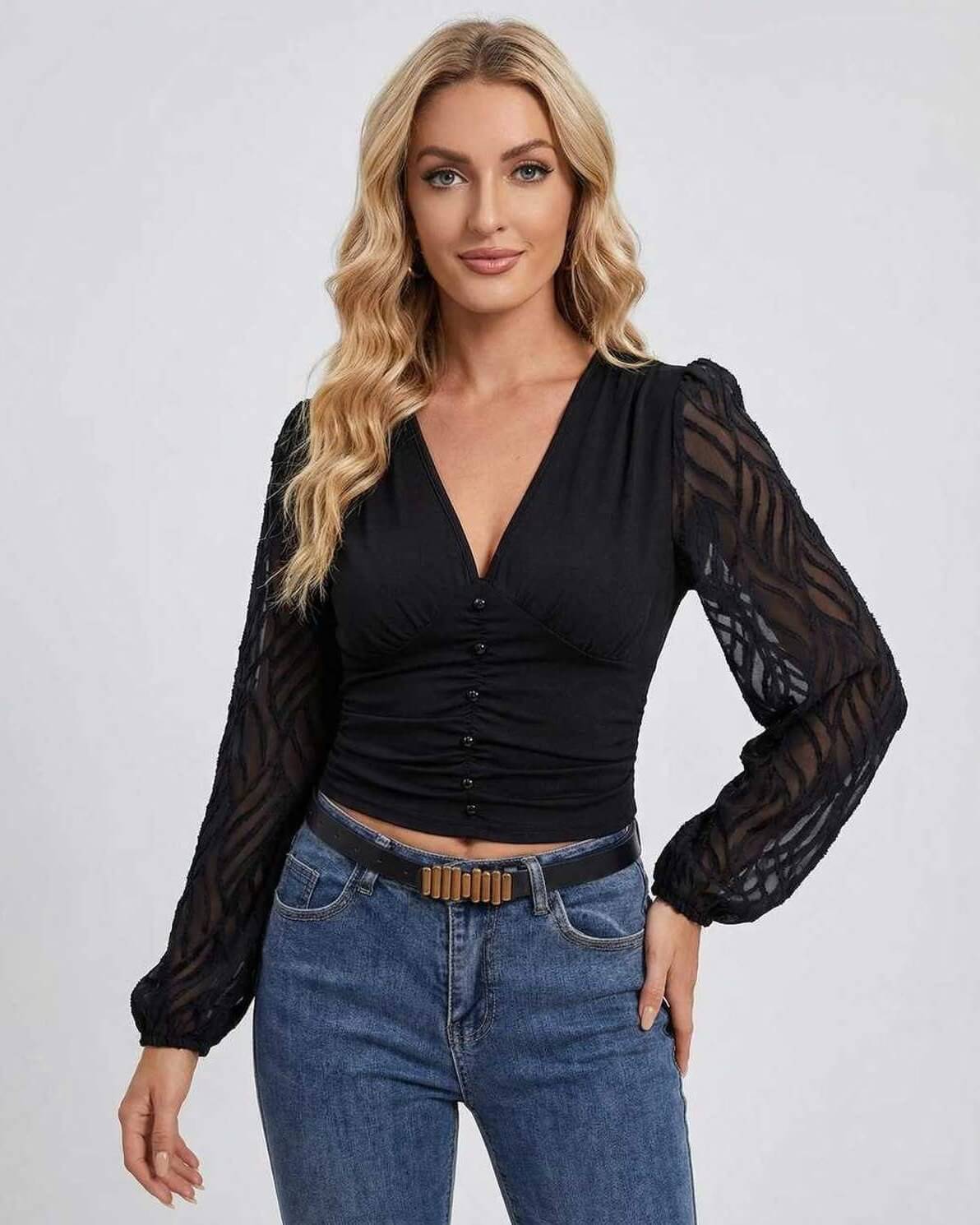Verona Pullover by Lauven – Women's black V-neck pullover with lantern sleeves and slim fit.