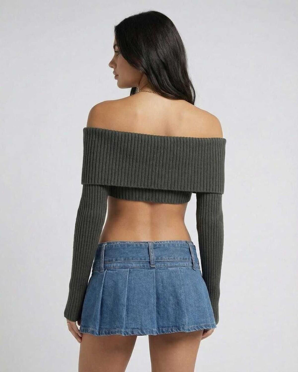 Verona Top by Lauven – Women’s off shoulder long sleeve crop top, showcasing a sleek ribbed design for autumn winter.