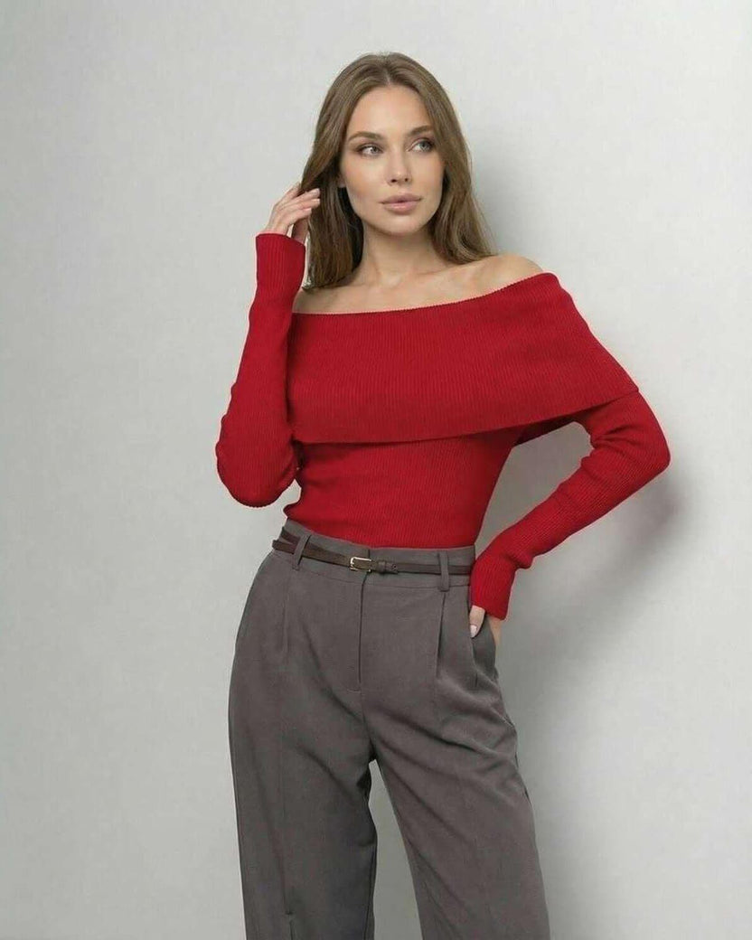 Verona Top by Lauven – Women’s off-the-shoulder long sleeve red top in slim fit silhouette.