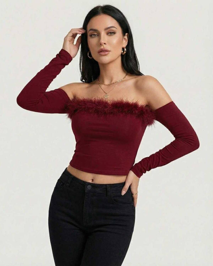 Lauven Verona Top - Women's Off The Shoulder Long Sleeve Top with Feather Trim in burgundy.