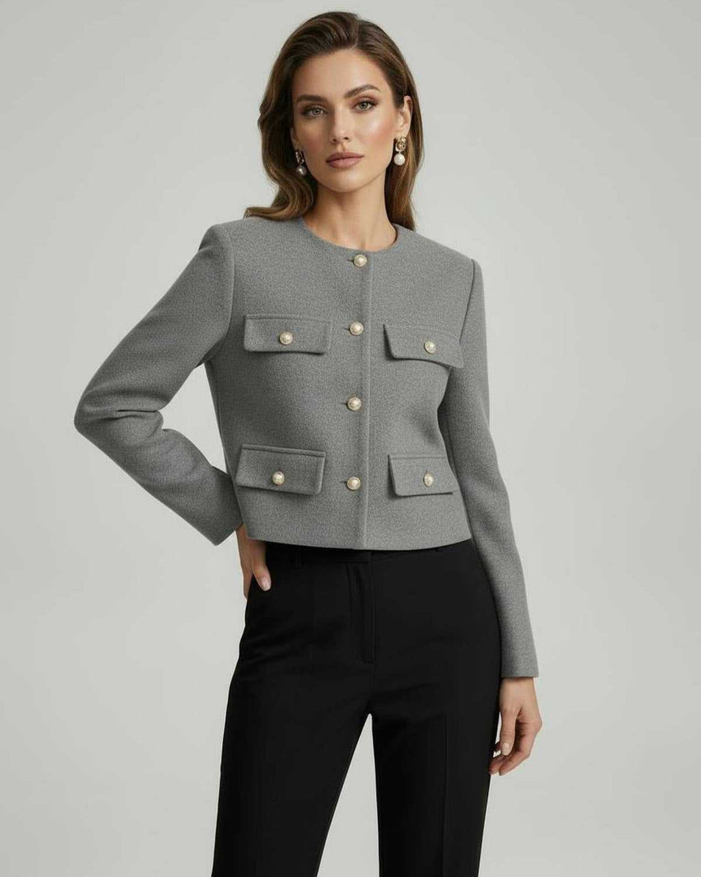 Vesper Jacket by Lauven - Sophisticated grey wool blend jacket with gold button accents.