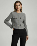 Vesper Jacket by Lauven - Sophisticated grey wool blend jacket with gold button accents.