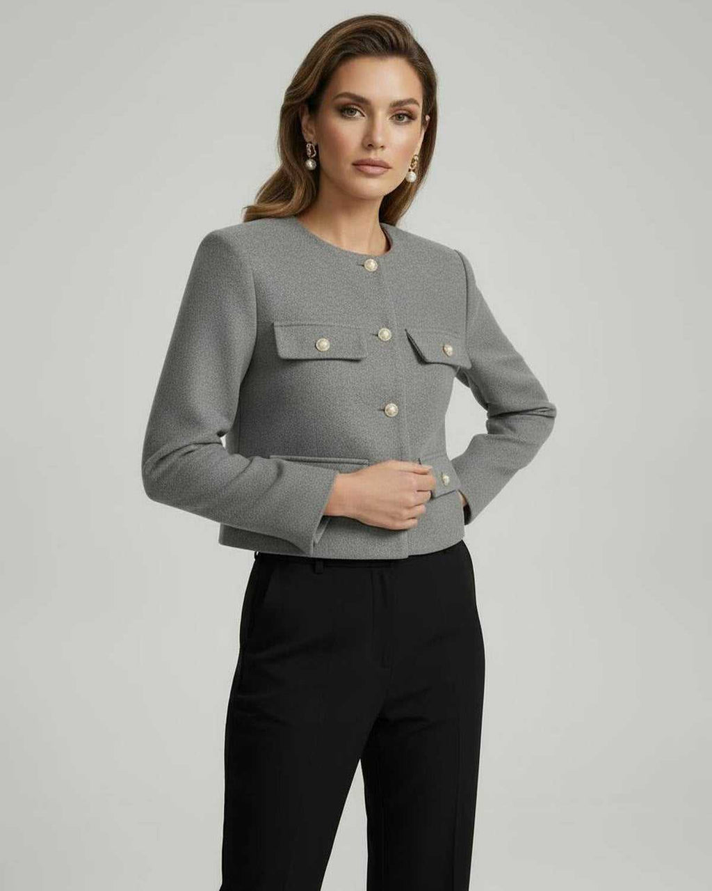 Vesper Jacket by Lauven - Sophisticated grey wool blend jacket with gold button accents and a tailored silhouette.