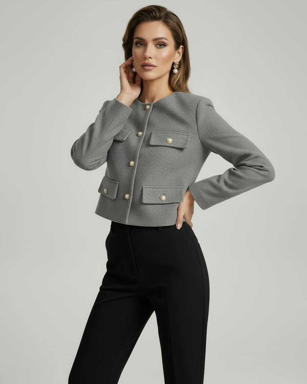 Vesper Jacket by Lauven, sophisticated grey wool blend jacket with gold button accents, tailored cropped silhouette.
