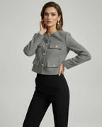 Vesper Jacket by Lauven, sophisticated grey wool blend jacket with gold button accents, tailored cropped silhouette.