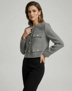 Vesper Jacket by Lauven - Sophisticated grey wool blend with gold button accents, perfect for fashion-forward styles.