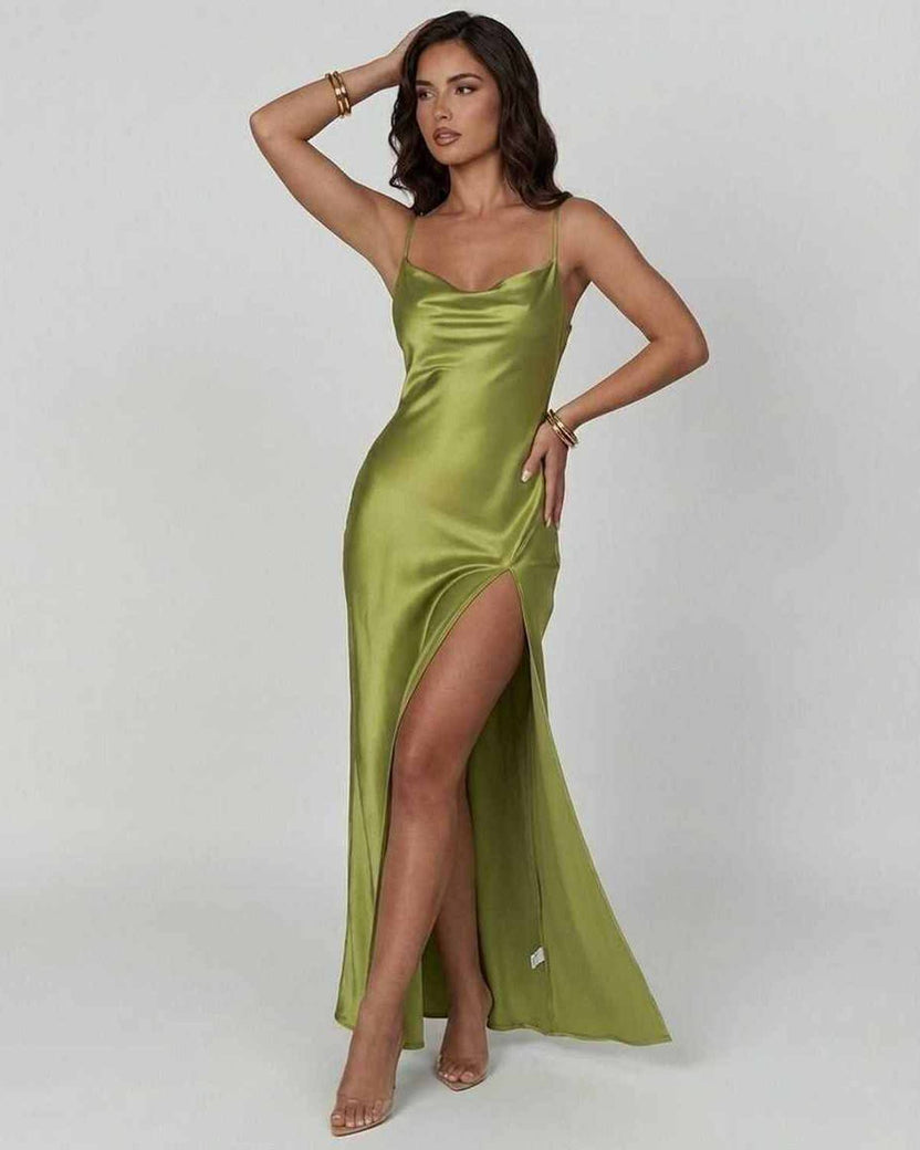 Vesper Maxi Dress by Lauven, elegant olive green satin dress with asymmetrical silhouette and thigh-high slit.