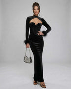 Vesper Maxi Dress by Lauven - Elegant black velvet gown with feather cuffs and cutout neckline.