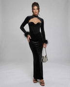 Vesper Maxi Dress by Lauven - Elegant black velvet gown with feather cuffs and cutout neckline.