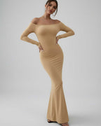 Lauven Vesper Maxi Dress in neutral beige, elegant off-shoulder silhouette, showcasing modern elegance and sleek design.