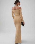 Lauven Vesper Maxi Dress - Elegant off-shoulder silhouette in neutral beige, smooth stretch fabric.