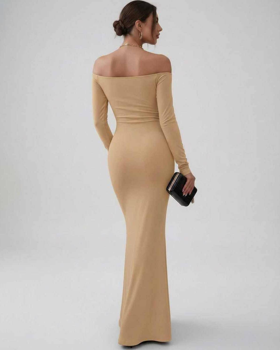 Lauven Vesper Maxi Dress - Elegant off-shoulder silhouette in neutral beige, smooth stretch fabric.