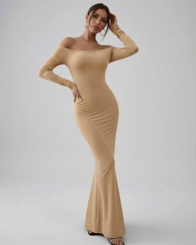 Vesper Maxi Dress by Lauven, elegant off-shoulder design, smooth stretch fabric in neutral beige, timeless luxury.