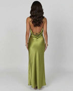 Vesper Maxi Dress by Lauven, back view showcasing the elegant satin finish and asymmetrical design in olive green.