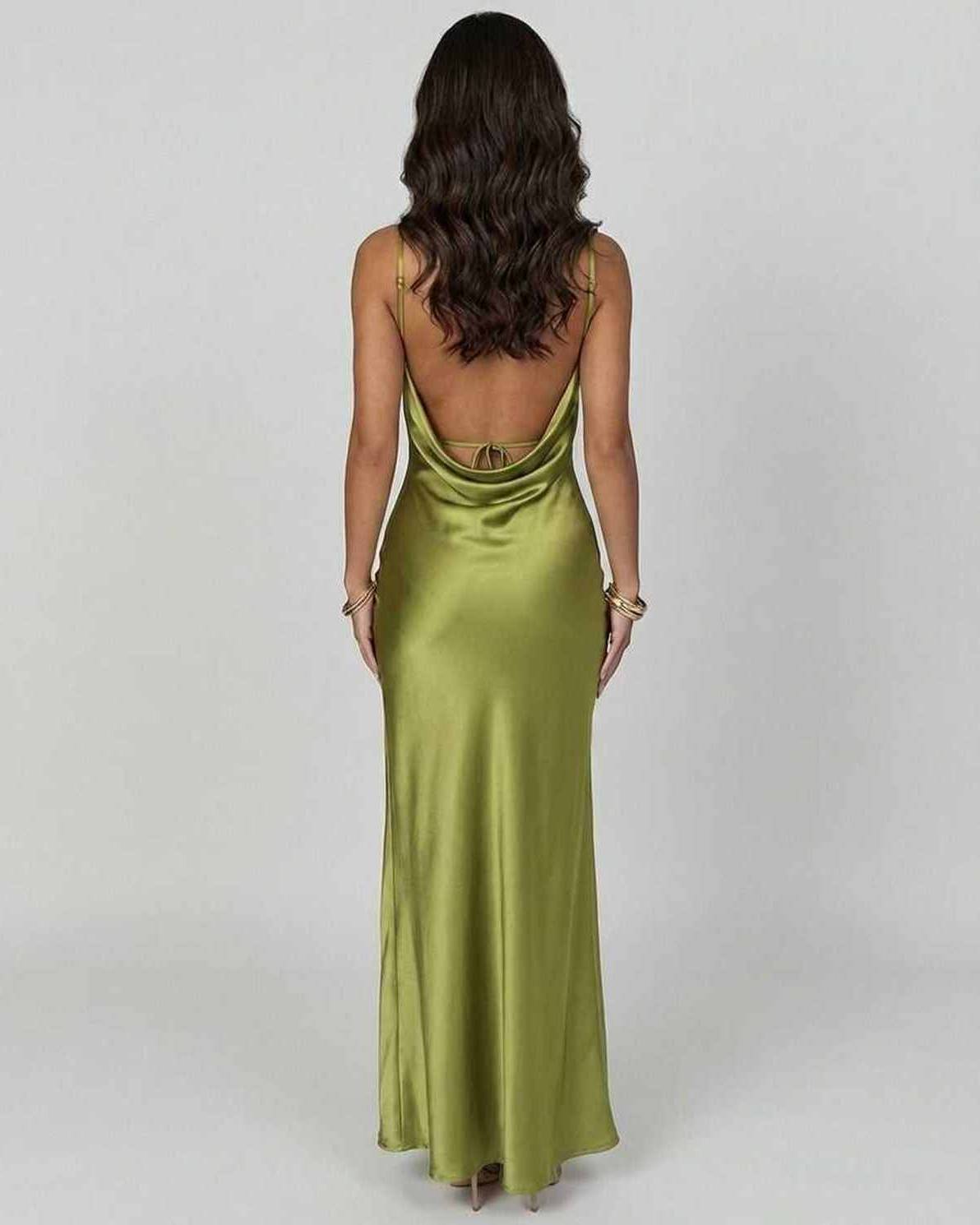 Vesper Maxi Dress by Lauven, back view showcasing the elegant satin finish and asymmetrical design in olive green.