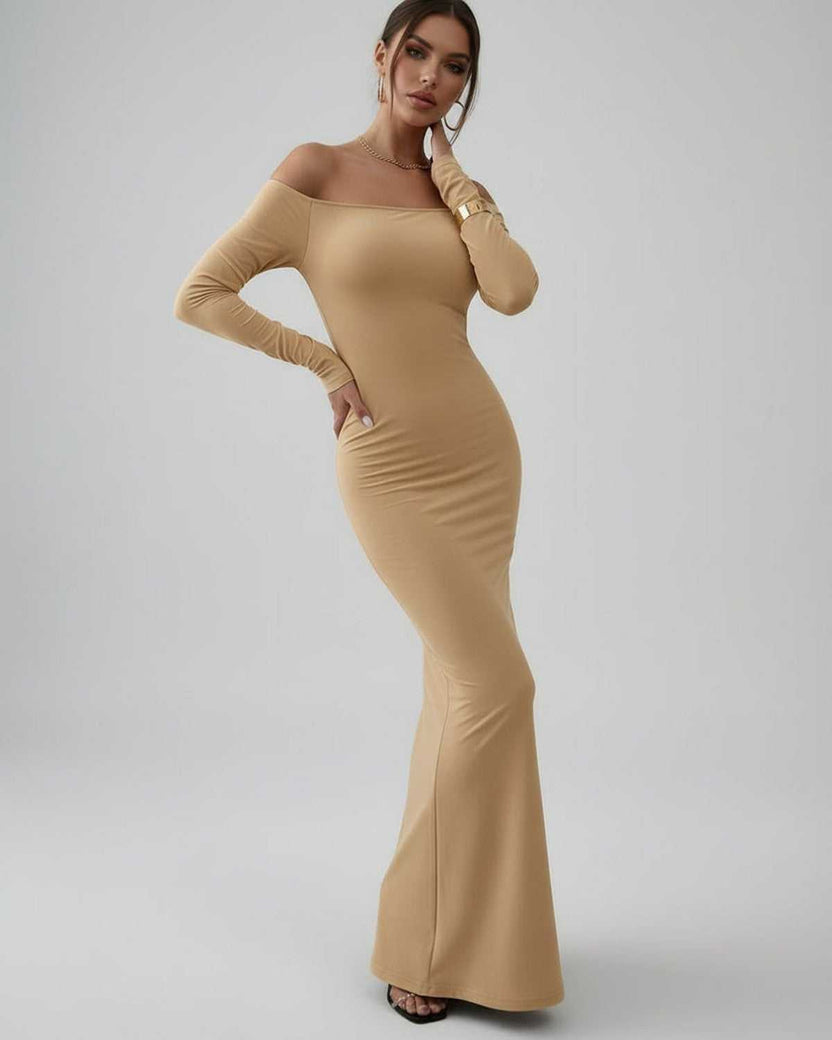 Lauven Vesper Maxi Dress off-shoulder silhouette in neutral beige, showcasing elegant and sleek design.