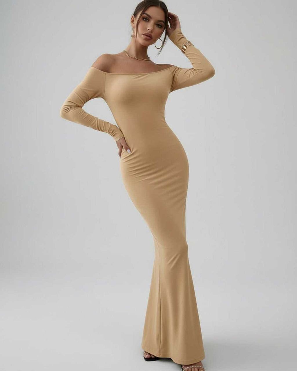 Vesper Maxi Dress by Lauven - Elegant off-shoulder silhouette in neutral beige, showcasing sleek stretch fabric.
