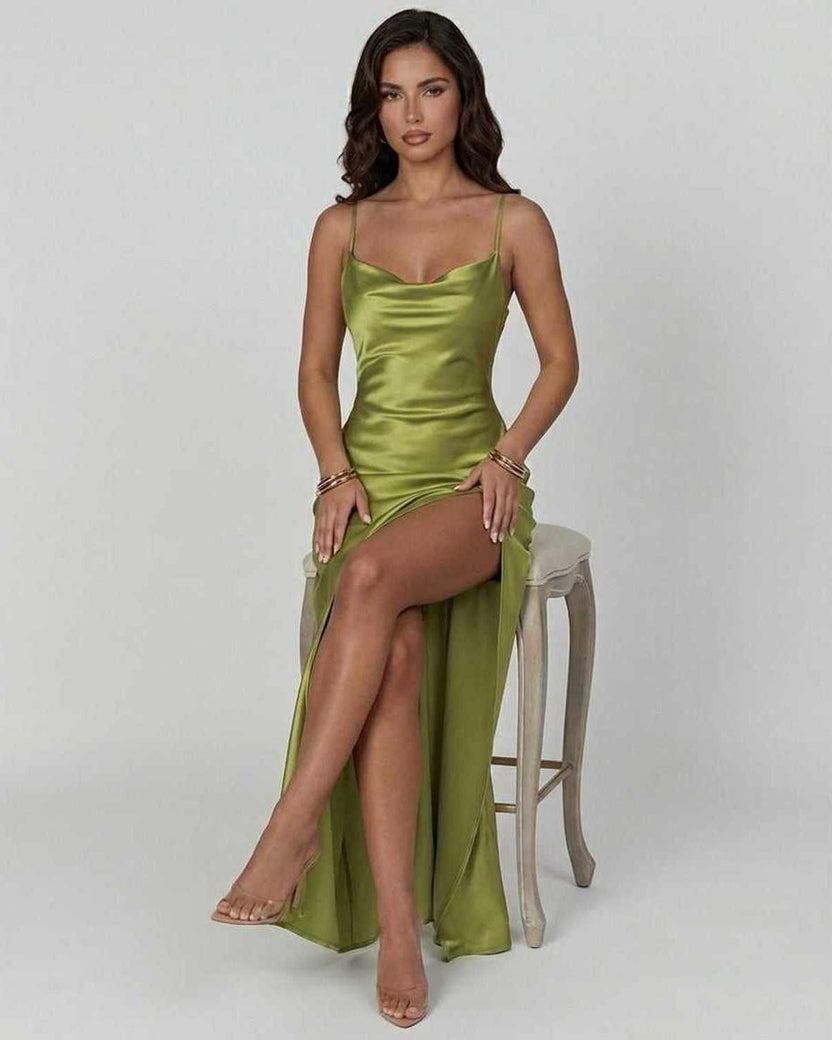 Vesper Maxi Dress by Lauven - Olive green satin asymmetrical dress with elastic waist, perfect for club wear.