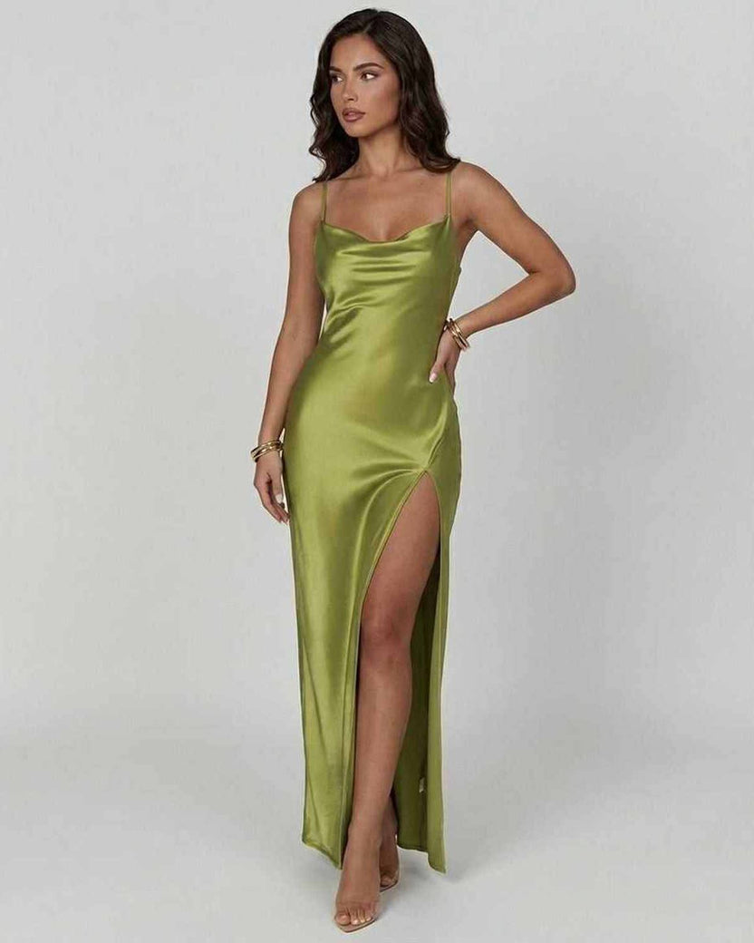 Vesper Maxi Dress by Lauven in bold olive green satin with asymmetrical silhouette and thigh-high slit.