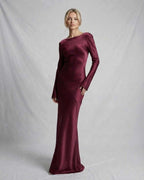 Vesper Maxi Dress in rich burgundy satin by Lauven, featuring a slim fit and low draped back.