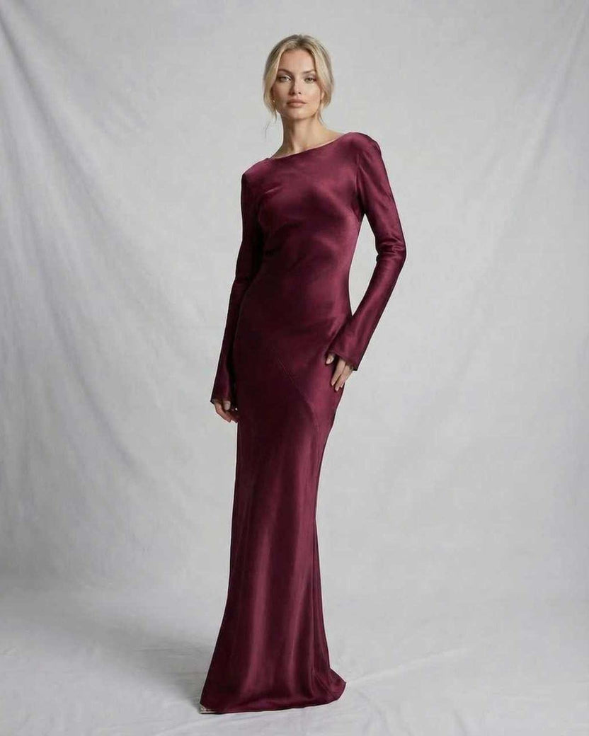 Vesper Maxi Dress in rich burgundy satin by Lauven, featuring a slim fit and low draped back.