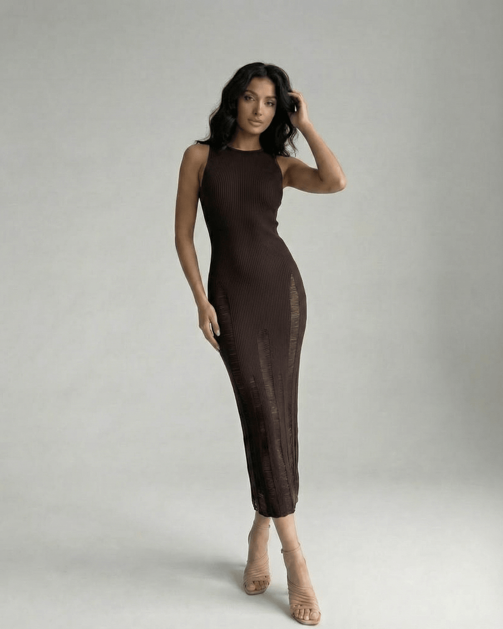 Vesper Midi Dress - Dark brown bodycon dress, sleeveless silhouette, sculpted fit by Lauven, perfect for an elegant look.