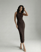 Vesper Midi Dress - Dark brown bodycon dress, sleeveless silhouette, sculpted fit by Lauven, perfect for an elegant look.